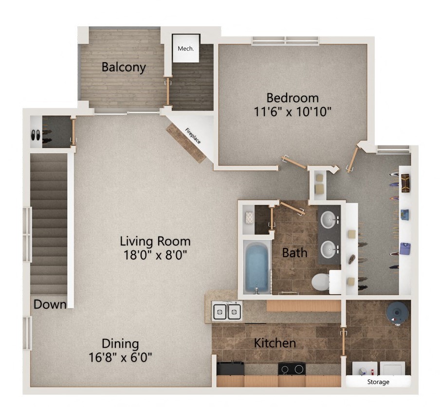 Floor plan for 1 bed, 1 bath, 1030 sqft
